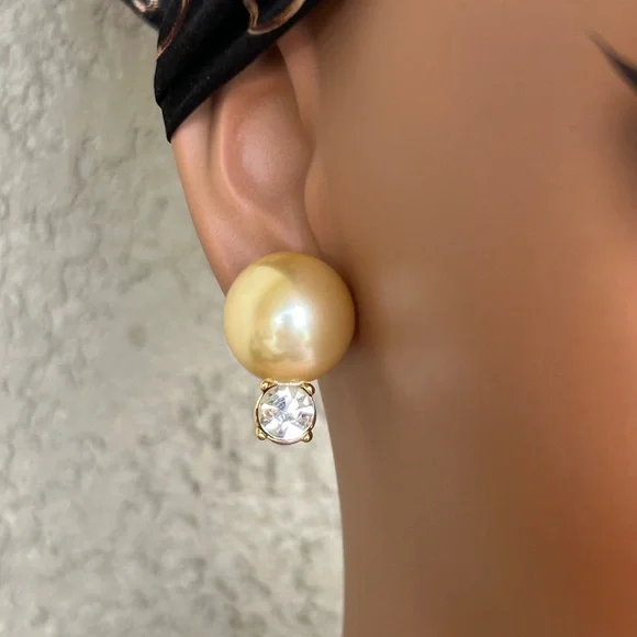 Vintage Kenneth Jay Lane Faux Pearl Post Earrings: 1970s Crystal Accent - Picture 3 of 6